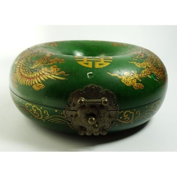 Vintage Asian Round Donut Necklace Jewelry Trinket Box Green Dragons Hinged - Picture 3 of 11